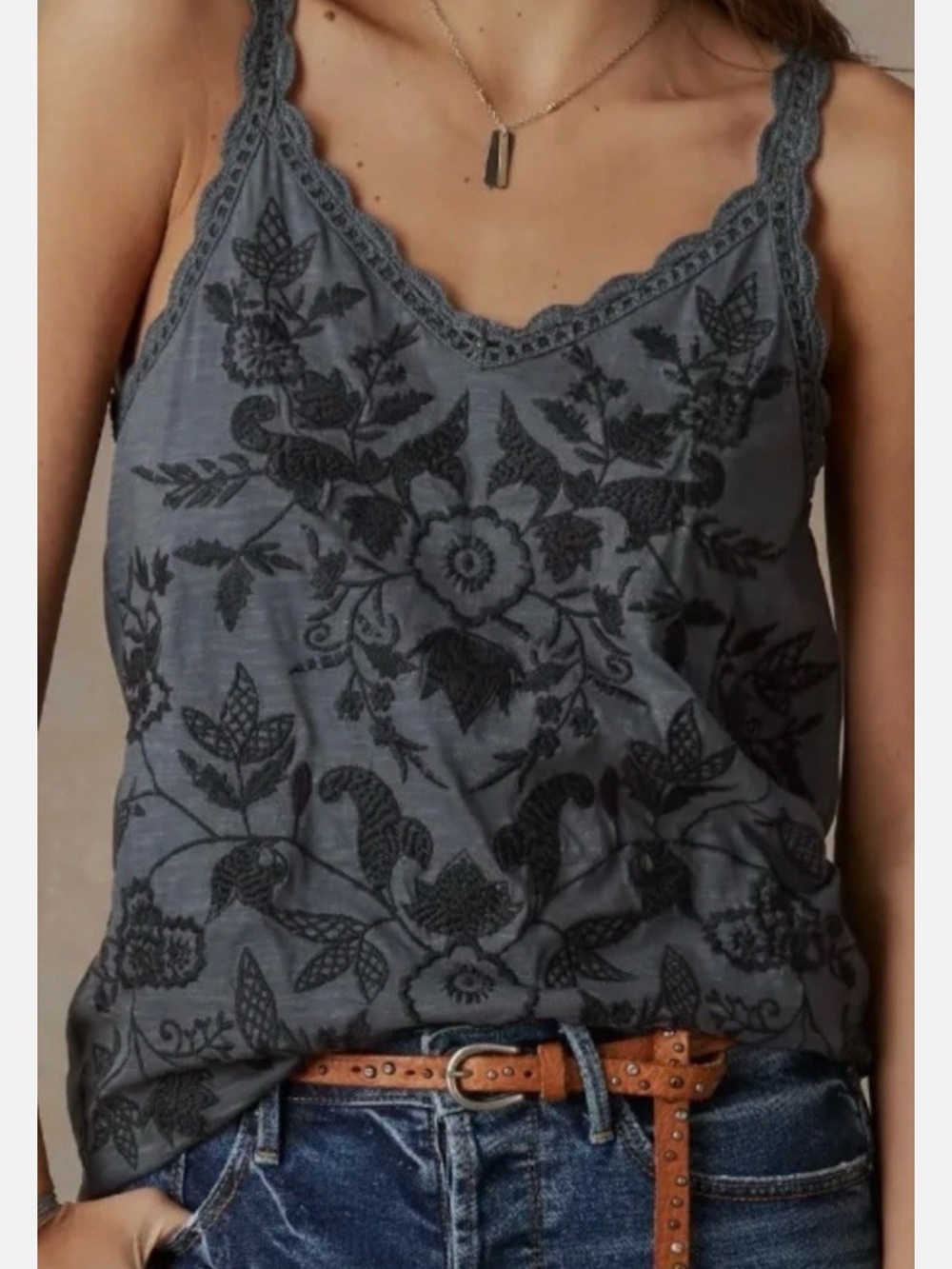 Sundance Moriah Slate Gray Embroidered Lace-Trim Camisole